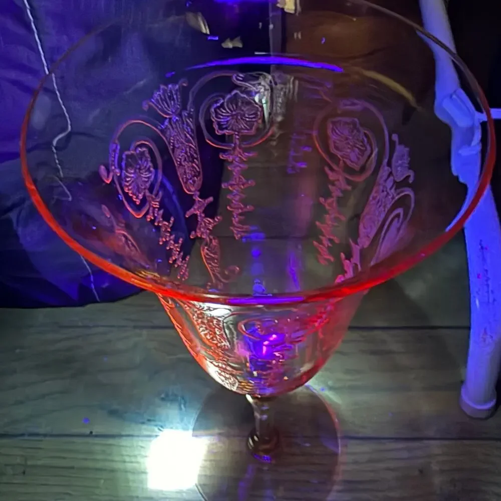 Set of 2 1940s Vintage Etched Amber Stem Wine Goblets Art Deco Glass UV Red Glow